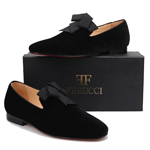 FERUCCI Handmade Men Black Velvet with Black Ribbon Bow Slippers Loafers2