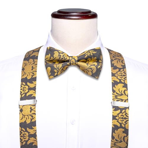 Image of Dubulle Suspender and Bow Tie for Men Paisley Solid Mens Suit Braces Pretied Bowtie and Handkerchief Cufflinks Formal Wedding
