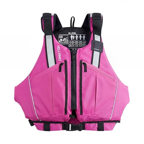 Owntop Schwimmweste Erwachsene | Verstellbare Auftriebsweste mit großzügigen Taschen, Reflexstreifen & flexiblen Armausschnitten | Schwimmhilfe für Kajak, Angeln, Bootssport, Paddeln (Rosa,XS-S)