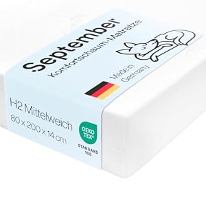 September – Matratze 80x200 cm Komfortschaum mit 14 cm Höhe – Komfortschaummatratze mittelweicher Härtegrad H2/H3 für Betten, Boxspringbetten – Oeko-TEX® Standard 100 zert. – Bezug bei 60°C waschbar
