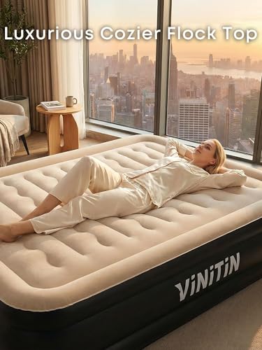 Image of Air Mattress Queen with Built in Pump, 18 inch Elevated Inflatable Blow Up Mattress with Self-Inflation /Deflation, Soft Flocked Top Air Bed for Guest, Home,Camping, 80x60x18in, Max 660lb, Black