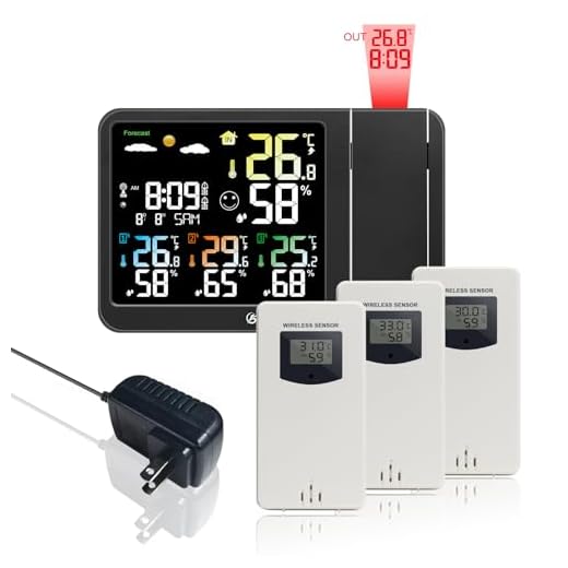 Digital Projection Alarm Clock for Bedroom Ceiling Wall LA LCD Display Radio Controlled Weather Station Indoor Outdoor Temperature Humidity Monitor with 3 Remote Sensors