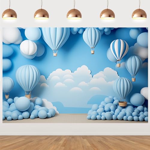 Vinyl Boy 1st Birthday Backdrop Children's 1st Birthday Happy Photography Backdrop Blue Sky Clouds Hot Air Balloons Cake Smash Background Baby Shower Background Banner,7X5FT