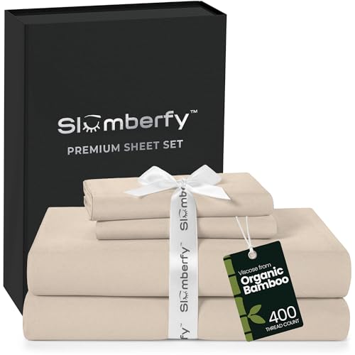 Image of Slumberfy 4-Piece 400 TC Viscose Derived from Bamboo Sheets, Queen Size - 1 Fitted, 1 Flat, 2 Pillow Cases - Deep Pocket Cooling Viscose-Bamboo Bed Sheets in Magnetic Closure Gift Box, Sand