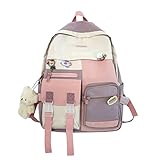 Cute Canvas Kawaii Backpack with Pins 16' Pink Aesthetic Bag Fashion Shoulder Backpack with Hanging...