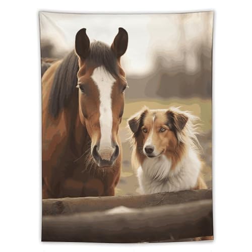Tapisserie murale imprimée Collie et cheval en tissu résistant de grand format