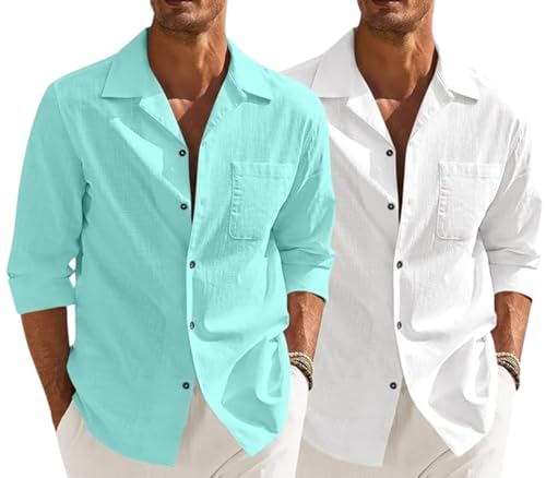 Image of Combo of Men's Casual Cotton Blend Shirt || Long Sleeve Button Down with Spread Collar | Lightweight Breathable Fabric | Stylish Solid Shirt for Beach, Office & Everyday Wear Pack of 2
