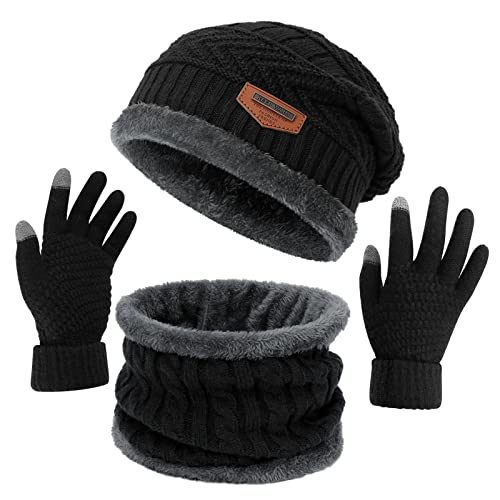 Winter Hat Scarf Gloves For Men Women - Fleece Lined Slouchy Beanie Snow Knit Skull Cap Circle Scarves Touch Screen Mittens (Black) #TOP16