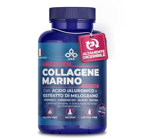Collagene Marino Idrolizzato Con Acido Ialuronico ARÀ®, 2400mg Collagene, 210mg Acido Ialuronico,180 CPR con Vitamina C, Coenzima Q10, Selenio e Biotina-MELOGEN