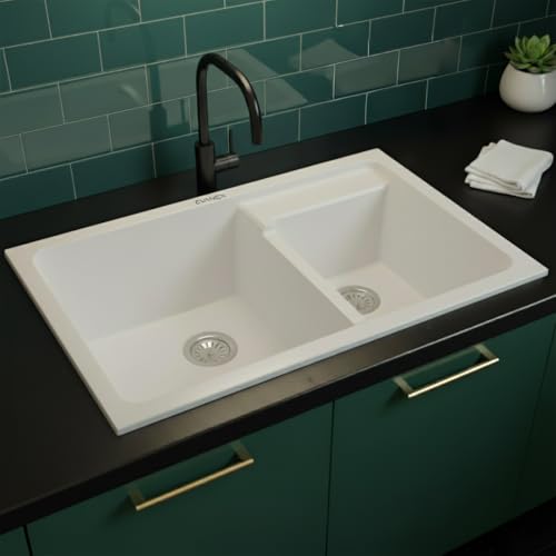 Image of EVANEX Quartz Kitchen Sink | 31x18x9 Inch Double Bowl Sink for Kitchen | Granite Topmount /Undermount Kitchen Sinks | White Double Sink with Connector, Waste Pipe, Coupling and Drain Basket