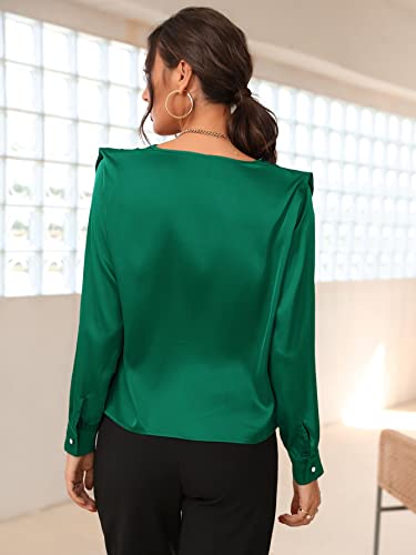 Soly Hux Women's Silk Satin Cowl Neck Shoulder Pads Long Sleeve Blouse Tops Green L #TOP1