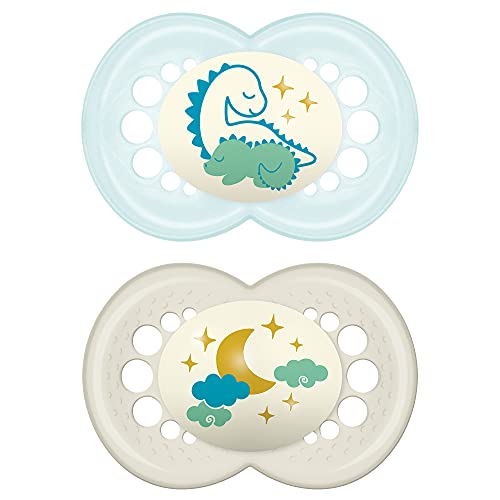MAM Night Pacifiers (2 Count, 1 Sterilizing Pacifier Case), MAM Pacifiers 6+ Months, Best Pacifier for Breastfed Babies, Glow in The Dark Pacifier, Designs May Vary