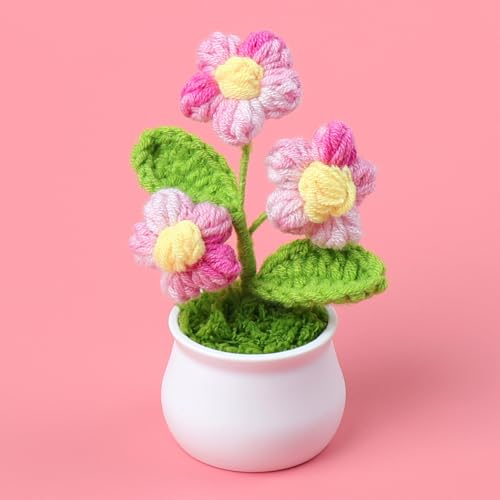 Image of SATYAM KRAFT 1 Pcs Artificial Crochet Flower /Artificial Daisy Flowers /Crochet Bouquet for Girls Home Decor Gifting Car Dashboard Office Bedroom (Flower with Pot)