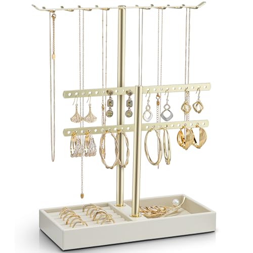 Vlando Organizador de joyas de 3 niveles, color dorado con soporte de metal para cadena para mujeres, expositor para collares, anillos, pendientes, brazaletes, gafas de sol, color beige