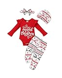Okgirl My First Christmas Newborn Ruffle Sleeve Top+Santa Pants Headband Set Outfit