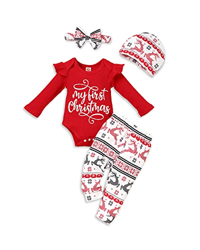 Image of My First Christmas Outfits Newborn Baby Girl Clothes Ruffle Sleeve Tops+Santa Pants with Headband Clothing Set