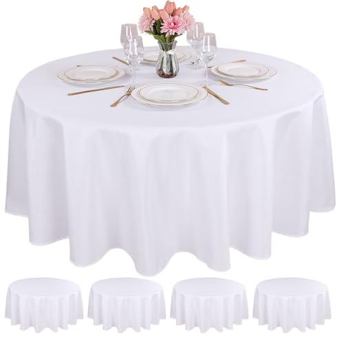 Kesfey 4 Packs White Round Table Cloths 90 Inch White Polyester Circle Bulk Linen Tablecloth Wrinkle Resistant Tablecloths Washable High Density Fabric Tablecovers for Wedding Camping Banquet Parties