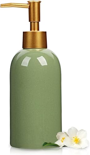 Dispensador de jabón cilíndrico clásico, botella de cerámica multicolor con bomba a prueba de óxido de oro (verde)