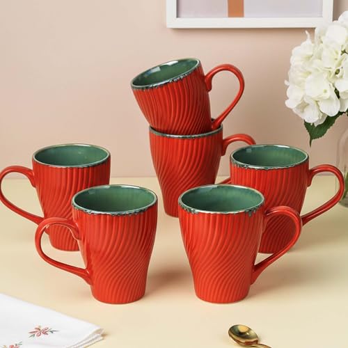 Image of The Earth Store Red Fusion Wave Coffee Mug - 300ML Ceramic Coffee Mugs Set of 6 | Microwave & Dishwasher Safe Mugs for Gift | Home | Office | Restaurant | Daily Use Tea Mug