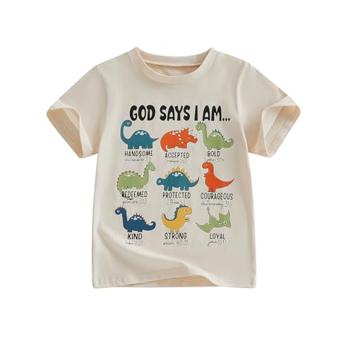 PUHHAPIEY Toddler Baby Boy T-Shirts God Says I Am Dinosaurs Short Sleeve Christian Tee Bible Verse Kids Shirt 1T 2T 3T 4T 5T (Beige 2-3 Years)