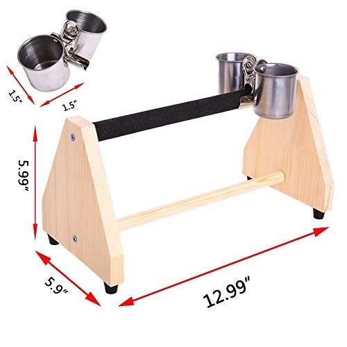 Image of QBLEEV Parrot Play Wood Stand, Bird Grinding Perch Table Platform with Cups | Birdcage stands with feeder dish cup, portable table playstand for small cockatiels, conures, parakeets, finch, easy assembly