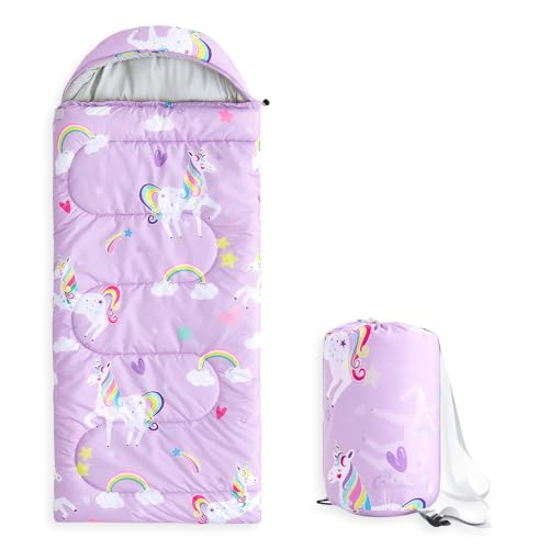 Wake In Cloud - Kids Sleeping Bag for Girls Toddlers, Camping in Warm Cold Weather, Backpacking Lightweight Compact Outdoor Liner for 3 Seasons, Unicorns Rainbow Clouds, Purple