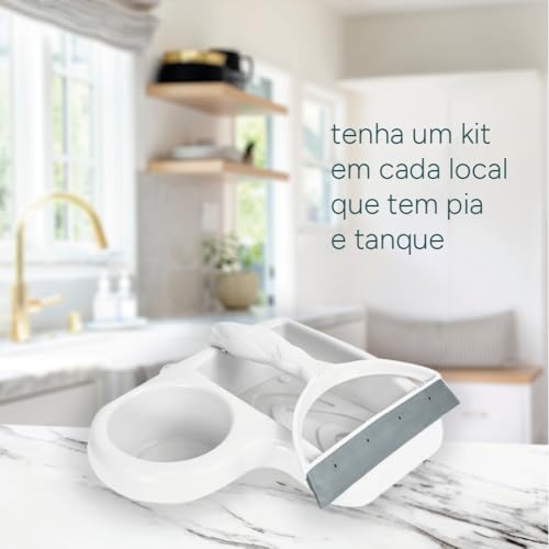 Kit Rodo de Pia e Suporte Detergente Esponja Louça Organizador Cozinha Lavanderia 2 Peças Branco Plá