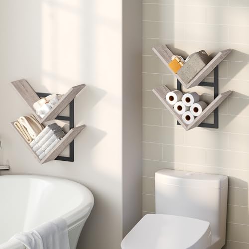 Image of HOOBRO Floating Shelves for Wall, Set of 2 Wall Mounted Shelves, 2-Tier Wooden Hanging Shelves Storage Racks, Tree Bookshelves, for Living Room, Bedroom, Office, Greige and Black BG55BJP201