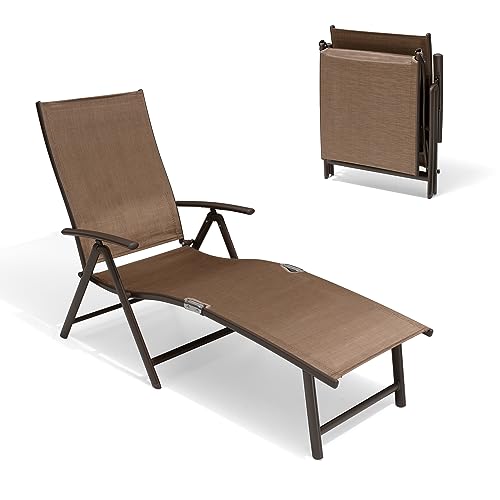 Crestlive Products Folding Patio Chaise Lounge Chair For Outside, Aluminum Adjustable Outdoor Pool Recliner Chair, Brown Frame, 8 Positions(1 Pc Brown) #TOP6