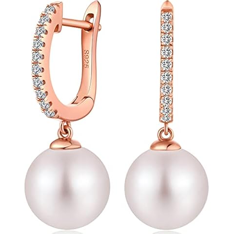 ZowBinBin 18k White Gold Plated 925 Sterling Silver Pearl Earrings Hypoallergenic Pearl Drop Earrings, Silver Pearl Earrings with 5A+ Cubic Zirconia, White Gold Sterling Silver Pearl, Pearl Cover