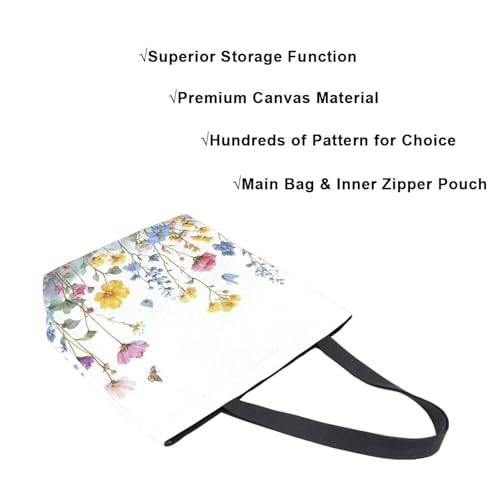 Extra Large Shoulder Tote Bag for Beach Travel Weekender Gym Watercolor Yellow Blue Wildflowers Butterflies Reusable Grocery Canvas Shopping Bag4