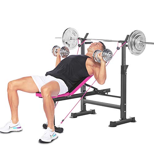 Folding Adjustable Weight Bench with Barbell Rack, Multi-Function Strength Training Adjustable Benches for Fitness Exercise and Strength Workout (Pink)