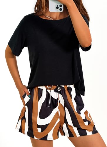 PRETTYGARDEN Women's Summer 2 Piece Outfits Lounge Sets Short Sleeve Tee Shirts Tops Blouses Pockets Printed Shorts Tracksuit