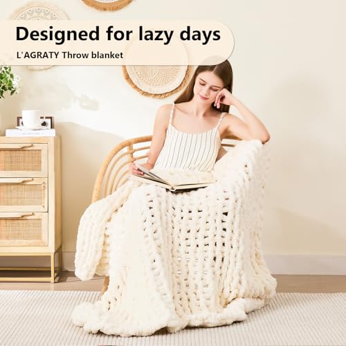 Image of L'AGRATY Chunky Knit Throw Blanket for Couch, 40'' x 50'' Knit Throw, Ivory
