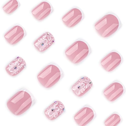Image of Short Square Press on Nails White French Tip Fake Nails Flower Nail Press ons Glossy Full Cover Glue on Nails Reusable Artificial Acrylic Stick on Nail Nude False Nail for Women Manicure 24Pcs