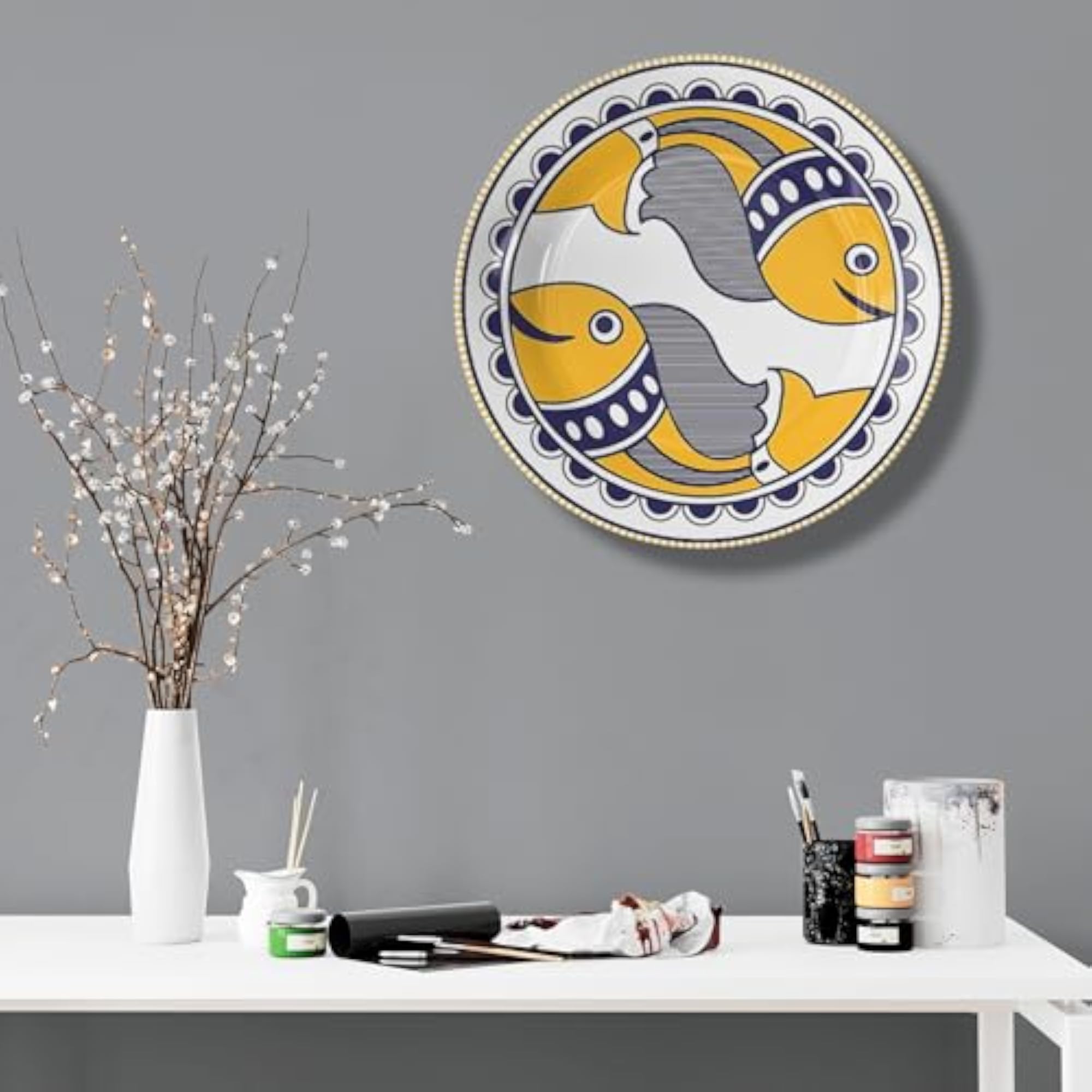 Yellow Fish Ceramic Wall Art Plate with Nautical Pattern