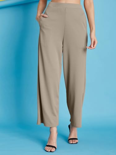 Image of Selvia Women's Solid Ribbed Lycra Elastic Regular Fit Wide-Leg Trouser