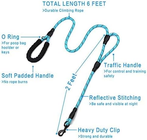 Plutus Pet Rope Dog Leash 6ft Long,Traffic Padded Two Handle,Heavy Duty,Reflective Double Handles Lead for Control Safety Training,Leashes for Large Dogs or Medium Dogs,Dual Handles Leads(Light Blue) - 2