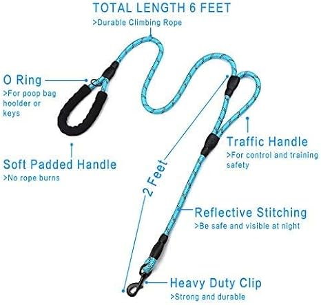 Plutus Pet Rope Dog Leash 6ft Long ، مبطن بالمرور مقبضان ، للخدمة الشاقة ، مقابض مزدوجة عاكسة للتدريب على سلامة التحكم ، رموش للكلاب الكبيرة أو الكلاب المتوسطة ، مقابض مزدوجة الرصاص ( أزرق فاتح )