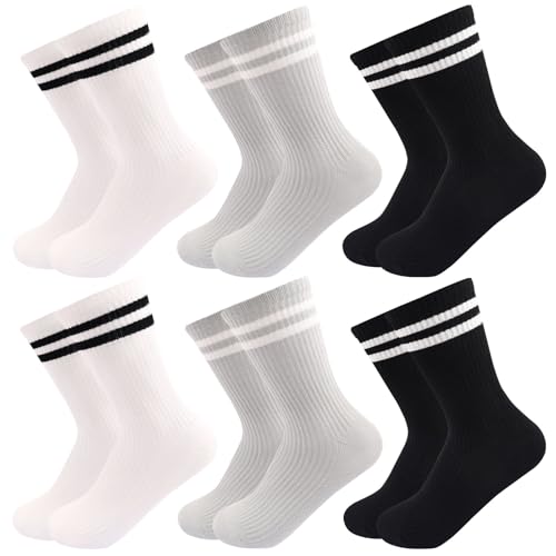 Image of 6 Pairs Solid Color Retro Striped Crew Socks for Women Girls