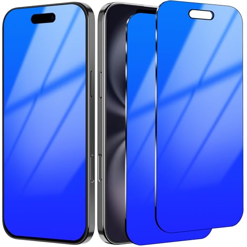 Image of Privacy Screen Protector for iPhone 16 Tempered Glass for, 2 Pack 25 Degree Anti-Spy Gradient Colorful Anti-Blue Light Eye Protection with Installation Frame Case Friendly (6.1 inch Blue)