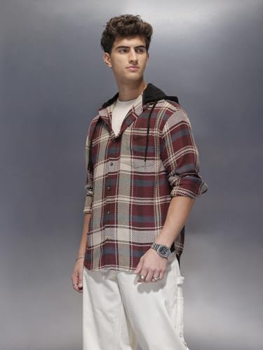 Image of WROGN Men's 100% Cotton Hooded Shirt | Herringbone Checkered | Oversized Fit