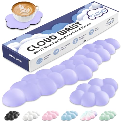 Sushret Cloud Wrist Rest Keyboard and Mouse Set, PU Leather Memory Foam Wrist Support Keyboard, Cute Cloud Arm Rest Pad & Palm Cushion, PC/Gaming Desk Accessory for Office, Computer Setup, Purple