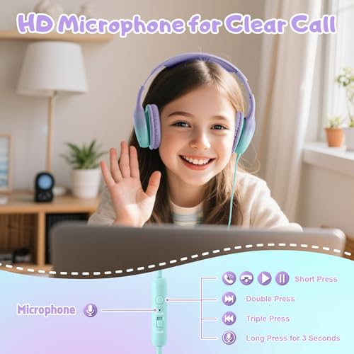 Kids Headphones, Wired Headphones for Kids with Microphone 85/94dB Volume Limit, Stereo Sound Portable Over Ear Headphones for School/Travel/Tablet/iPad, Green Violet - Image 4