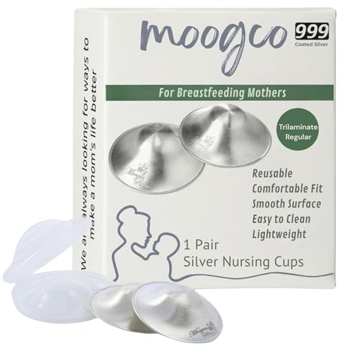 MOOGCO The Original Silver Nursing Cups - Nipple Shields for Breastfeeding Newborn - Breastfeeding Essentials - 999k Tri-Laminate Silver Nipple Covers (Regular Size Set of 2)