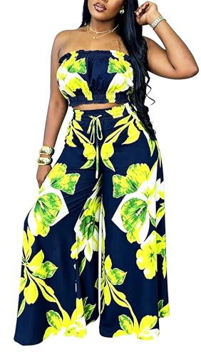 Image of Two Piece Sets for Women Summer Outfits Crop Tops and Wide Leg Pants Sets Sexy Jumpsuits Vacation Outfits with Pockets