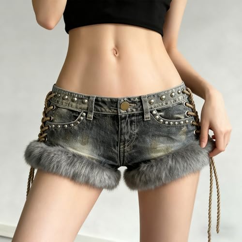 Short en jean punk rock taille basse confortable à sangle cloutée et patchwork - 3