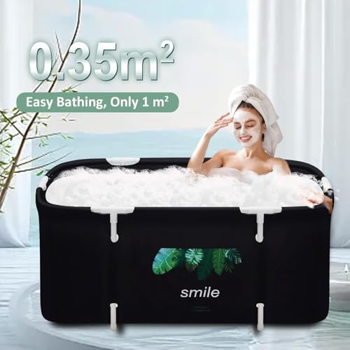 Image of Portable Foldable Adult Bathtub for Home, Large Plastic Soaking Tub with Drain Pipe, Freestanding Spa Bath Tub for Hot & Cold Bath, Balcony & Small Bathroom Use (Green Leaf-Smile)
