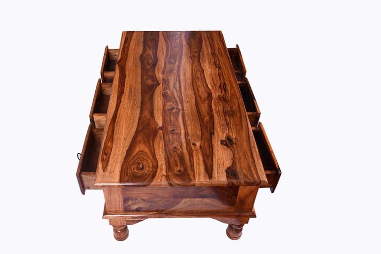 Image of Solid Sheesham Wood Coffee Table with 3 Drawer | Wooden Center Table with Storage Drawer | Living Room Tea Table | Solid Wood Centre Table for Home | Honey Finish