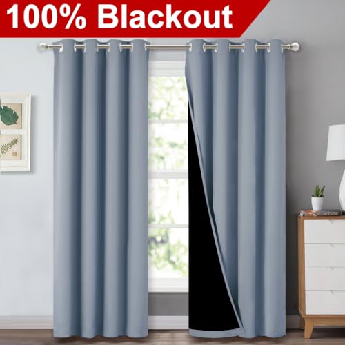 Image of NICETOWN 100% Blackout Curtains 84 inches Long, Vintage Blue, 52 inches Wide, Pair of Energy Smart & Noise Blocking Out Drapes for Baby Room Window, Thermal Insulated Guest Room Lined Window Dressing
